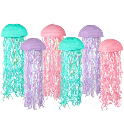 Set of 6 Mermaid Jellyfish Lanterns 10 Pink Purple Blue Decorations for Ocean Princess Birthday Party Under the Sea Theme Baby Shower Ocean & Beach Room Hanging Decor