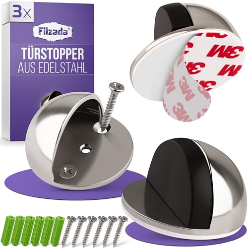 Filzada® 3x Türstopper Boden Kleben ODER Zum Schrauben [3M KLEBEPADS] - Edelstahl Tür Stopper für alle Böden - Hochwertige Door Stopper - Türstopper Selbstklebend Boden zum Wandschutz - Door Stop