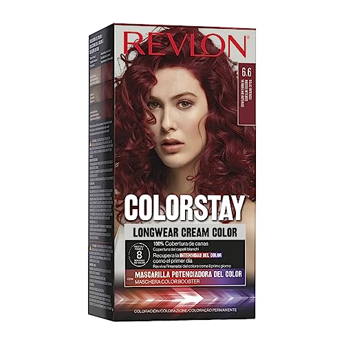 Revlon Colorstay Tinte Pelo Mujer, Coloración Permanente de larga duración, Incluye mascarilla potenciadora del color, Hasta 8 semanas de color, Tono 6.6 Rojo Intenso