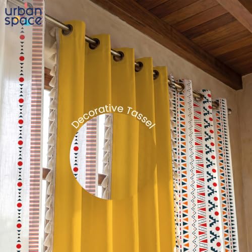 Image of Urban Space 100% Cotton Geometric Curtains For Door, Set Of 3 Curtains 8 Feet Long, 60-65% Room Darkening Curtain, Tieback & Eyelets Included With Curtain (Ikat Orange & Aura Yellow, Door- 8 Ft)