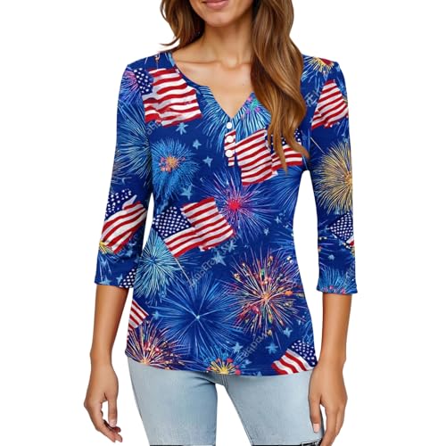 Image of 4th of July Shirts Women 3 /4 Length Sleeve Womens Tops Henley Neck Casual Patriotic T Shirts