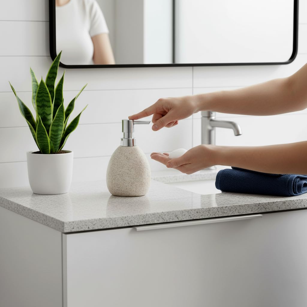 Dispensador Jabon Baño Color Arena 250ml, Dosificador Jabon Baño para Líquido o Gel en Forma de Piedra