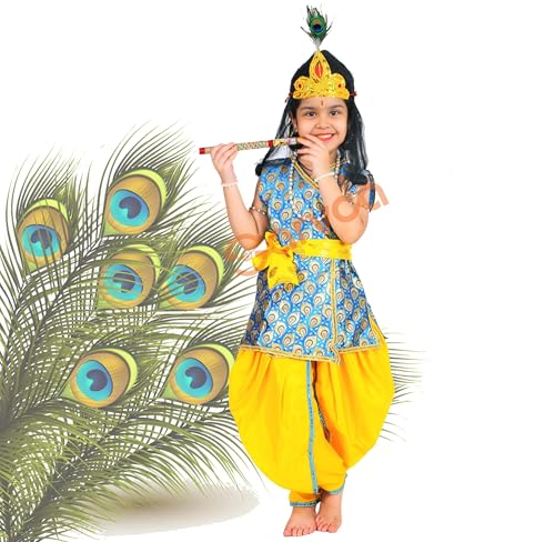 Image of Sarvda Shree Krishna Dress for Baby Boy & Radha Dress for Girls | Janamashtami Dress | Fancy Dress Costume with Accessories Dhoti, Dupatta, Mukut Flute Complete set, Ethnic wear