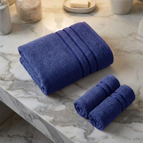 Image of MYTRIDENT Towel Set| Comfort Living | Quick Drying | Travel Friendly | for Men /Women | 3 PC Towel Set | 1 Bath (70 cm x 140 cm) 2 Hand (40 cm x 60 cm) | 100% Cotton 400 GSM - New Navy