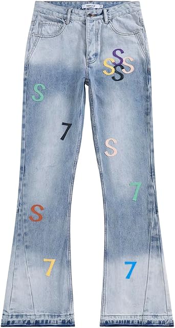 SHION7 Mens Relaxed Fit Bootcut Jeans, Vintage Blue Bell Bottom Denim Pants, Patched Jean Trousers