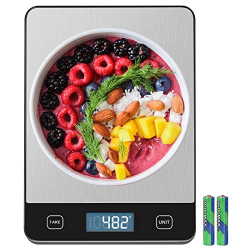 Amiloe 33lb Kitchen Scale with 6 Units Food Scale Digital Weight Grams and Oz 1g01oz Precise Graduation for Cooking Baking Stainless Steel and Tempered Glass 2 AAA Batteries Include
