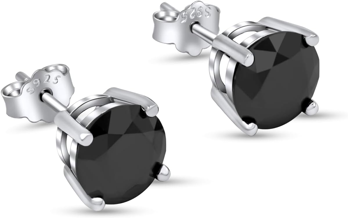 0.6-4.0ct Real Black Moissanite Stud Push Back Earrings for Women Men, Round Cut Moissanite 18k White Gold Plated Solid 925 Sterling Silver