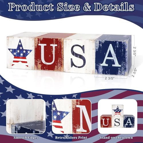 4th of July Decorations Wooden Stars, Patriotic Memorial Day Star Tiered Tray Decor Set of 4, Fourth of July Red White Blue Decoration for Home Office Table Shelf (USA Home Sign) - Image 3
