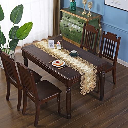 Qsyyhome Jacquard Table Runner With Macrame Lace Fabric Small Runners For End Side Card Tabletop Decorations Gold 36 Inch, 13 X 36 Inch #TOP1