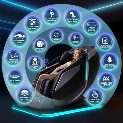 HealthRelife 4D Massage Chair Full Body Zero Gravity Recliner - 55“ SL-Track,15 Auto Modes,11 Massage Technique,40 Airbags Massage,with Yoga Stretch,APP Control,Shiatsu Foot Massage(Black) - Image 2