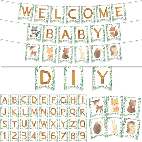Motiskyy 115 Pcs Woodland Baby Shower Banners Kit DIY Woodland Party Banner Customizable Forest Animal Letters for Baby Shower Kids Birthday Party Decoration