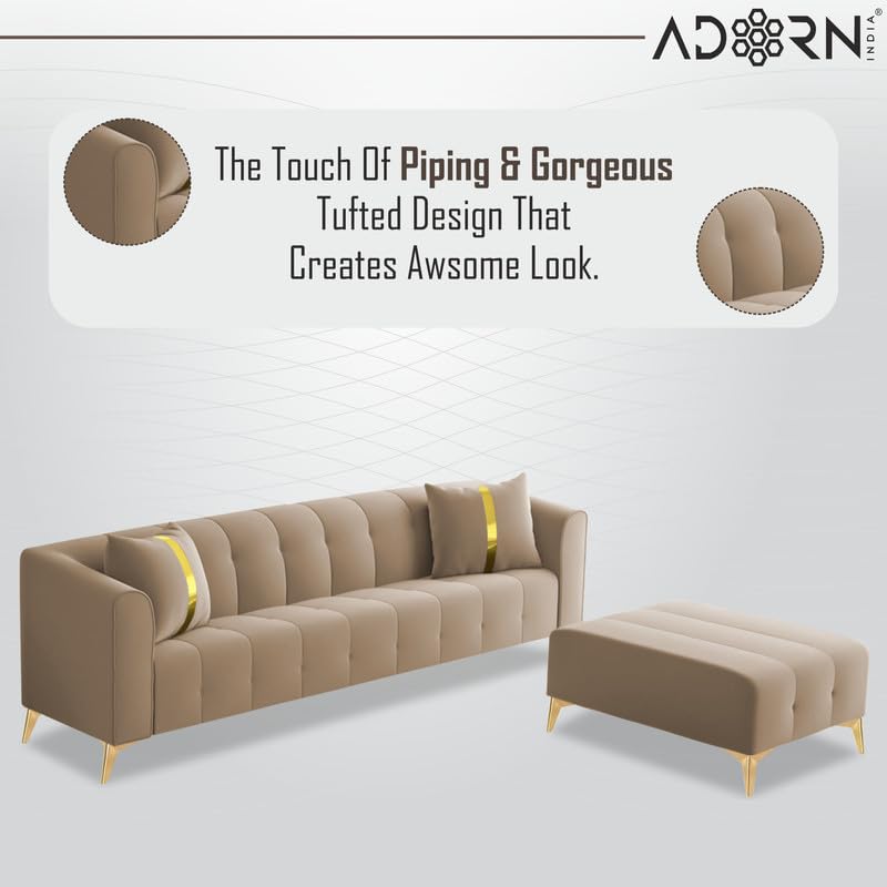 Image of Adorn India Premium Mystic - 3 Years Warranty - L Shape 5 Seater Sofa Set Velvet Suede Fabric - Beige