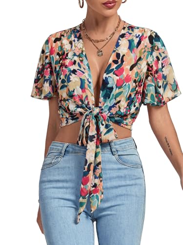 Image of LYANER Women's Sexy Deep V Neck Tie Front Wrap Cropped Blouse Bell Short Sleeve Ruffle Crop Tops