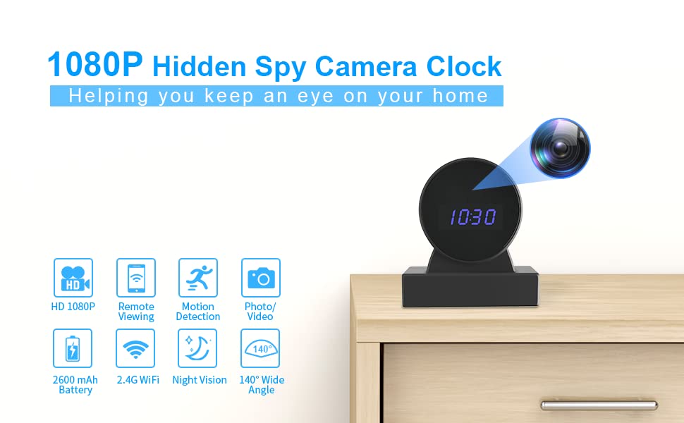 Caméra Espion Horloge WiFi HopeGem - FHD 1080P/4K - Surveillance Secrète App - Micro SD 128Go