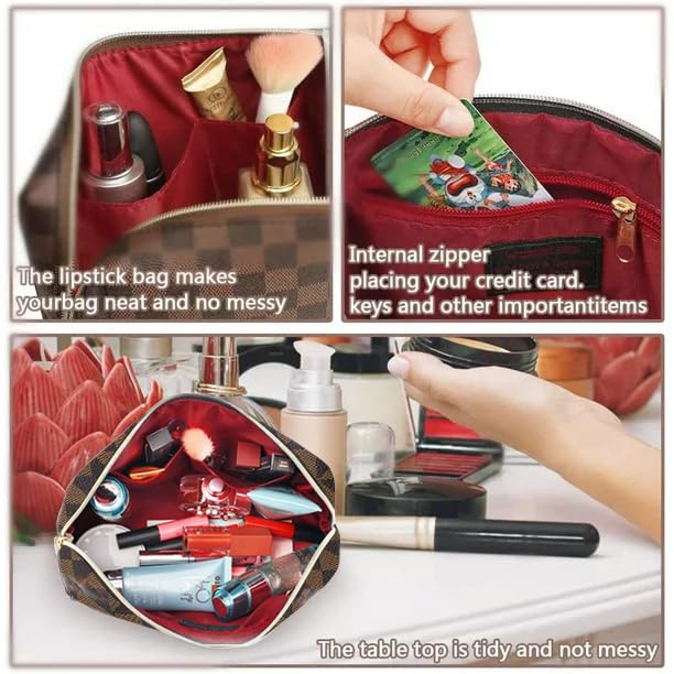 Leather Checkered Makeup Bag, 2 Pack Portable Cosmetic Bag, Large Capacity Waterproof Travel Toiletries Bag for Women, Christmas Gifts3