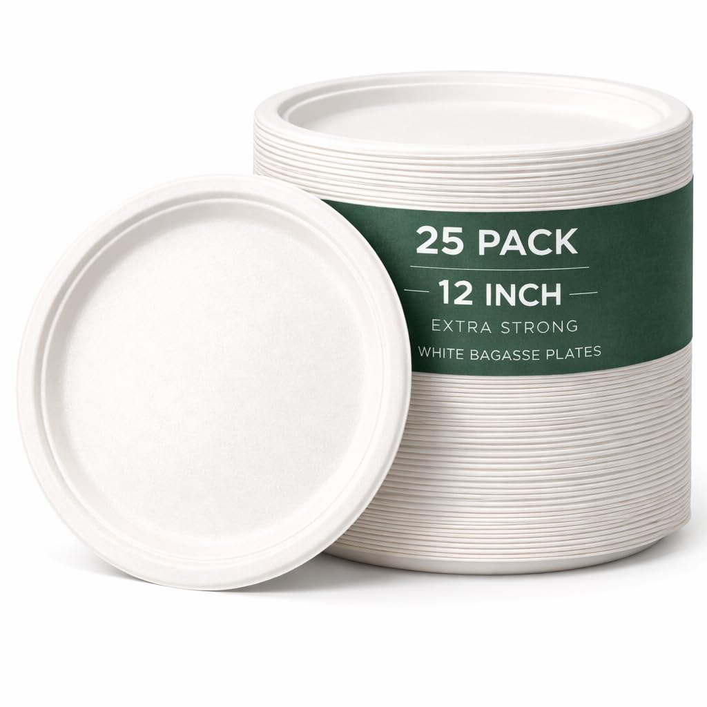 1ABOVE 12 Inch 25 Pack Extra Strong White Disposable Bagasse Plates, 100% Compostable and Biodegradable, Made from Sugarcane Fibre, Perfect for BBQ, Wedding, Office, Picnics and Parties — image 1