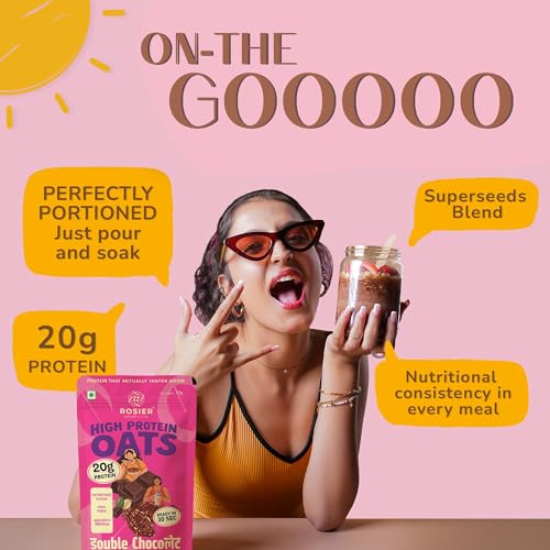 Image of ROSIER High Protein Oats Double Chocolate | 20g Protein Per Serving | Instant Healthy Breakfast with Cocoa & Dark Chocolate | Fibre-Rich Oats | 6 x 77g Ready-to-Eat Pouches