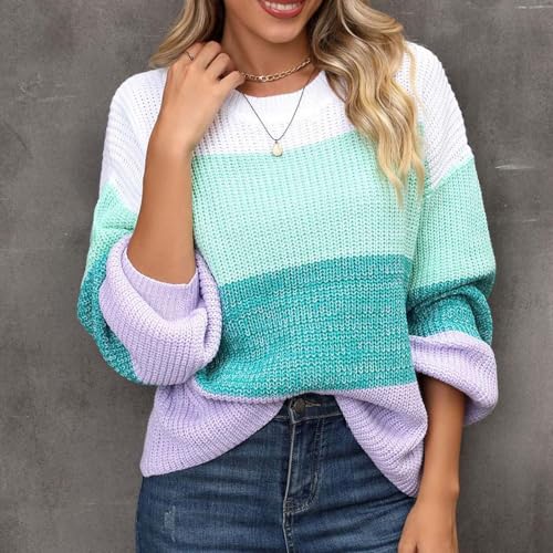 Womens Striped Color Block Sweater Long Sleeve Crewneck Casual Loose Fit Soft Knit Sweater Soft Jumpers Pullover Tops4