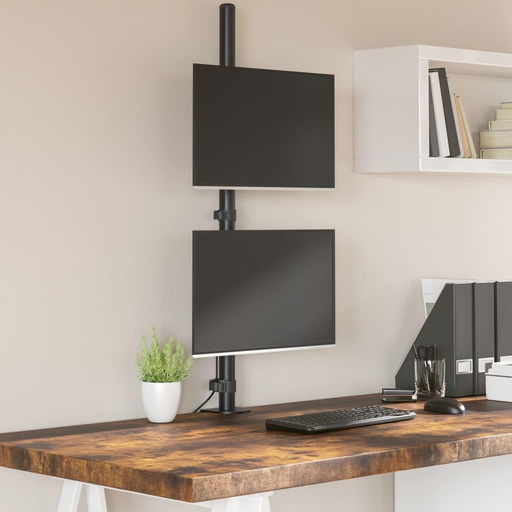 Supporto da tavolo per 2 monitor, in acciaio nero, VESA 75 100 mm, regolabile in altezza, orientabile, inclinabile, per ufficio, gaming, soggiorno, angolo di visione ottimale