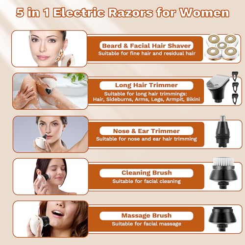 Electric Razors for Women, 5 in 1 Lady Shavers, Electric Shaver for Women, Wet/Dry Bikini Trimmer, Rechargeable Facial Hair Removal, Painless Shaver Razor for Arms Legs Armpit Pubic Area (Gold) - image 3