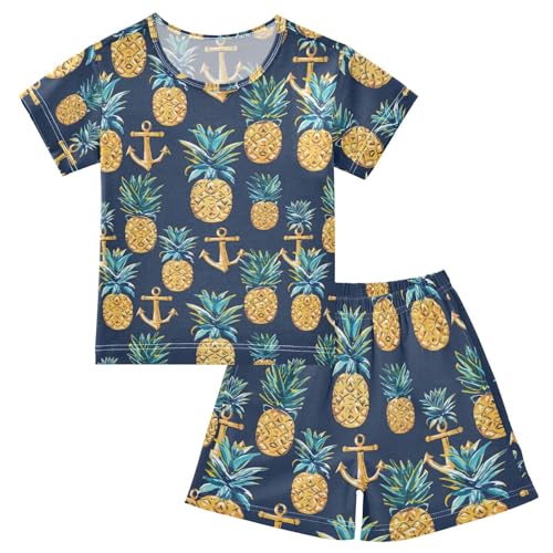ALAZA Pineapples Anchor Pajama Set Short Sleeve Sleepwear Soft Lounge Nightwear