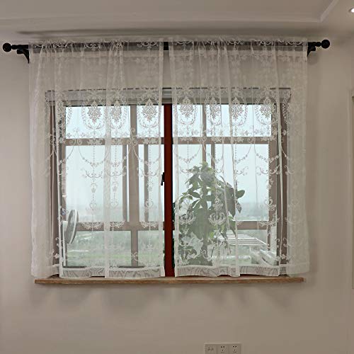 SLOW SOUL 2 Panels White European Style Sheer Curtain Embroidered Window Curtains Europe Floral Tulle for Living Room Bedroom with Rod Pokcet White 54W X 84L inch - Image 2