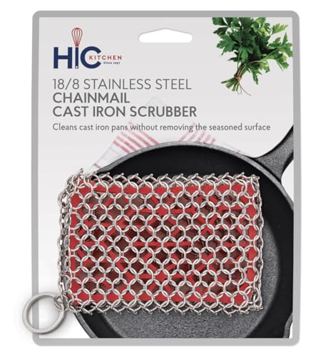 Image of HIC Kitchen Chainmail Cast Iron Scrubber, 18 /8 Stainless Steel and Silicone