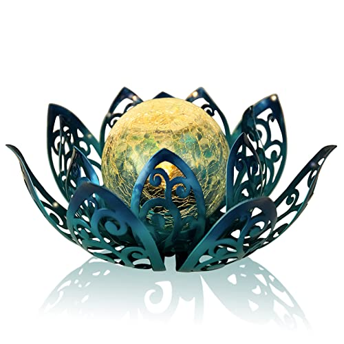 Bshine Solar Outdoor Garden Lotus Decorative Light, Waterproof Metal Cracked Glass Globe LED Lotus Light for Tabletop Decor, Walkway, Lawn Ornaments and Garden, Housewarming Gift (Blue)