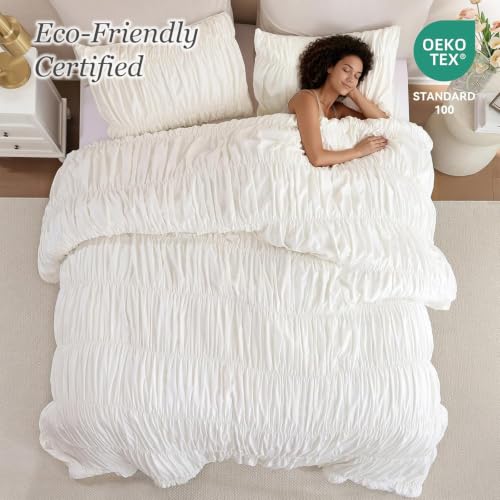 Image of weigelia Ruched Comforter Set Twin Size, 3 Piece Cream White Ruffle Bedding Set with 2 Pillowcases, Soft Lightweight Polyester Comforter for Girls Room, Dorm, Boho Bed Set
