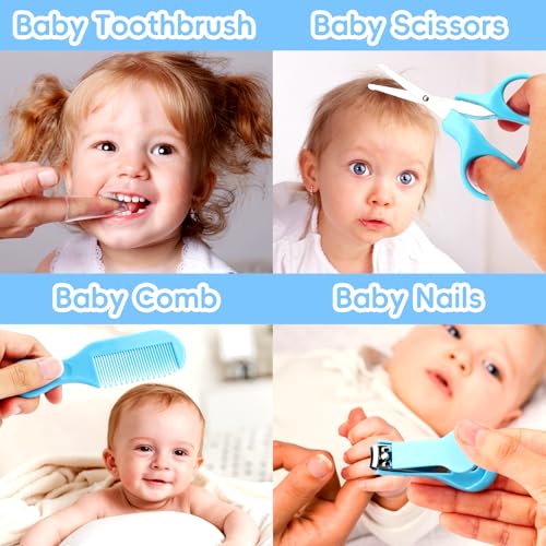 Baby Grooming Kit - 12 in 1 Nursery Essentials Baby Registry Shower Gift for Newborns, Infants, Toddlers, Boys, Girls Kids-Safety Baby Comb, Brush, Finger Toothbrush, Nail Clippers, Scissors(Blue) - Image 3