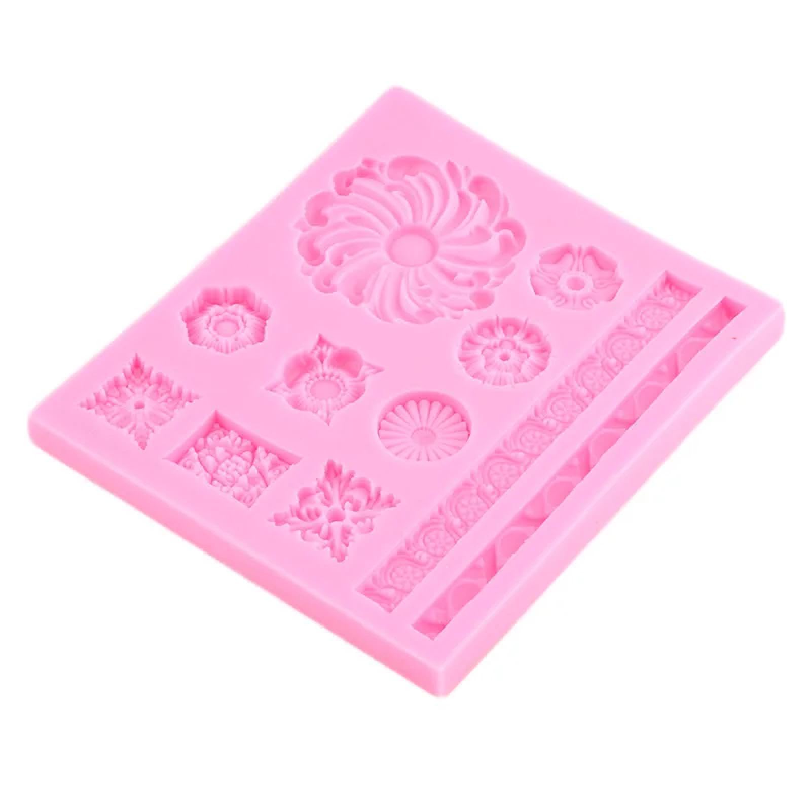 Stampi in silicone per fondente, 16,5 x 16 cm, in stile barocco, stampo in silicone con bordo floreale in rilievo, strumento per decorare torte, gioielli, cupcake, cioccolatini, caramelle