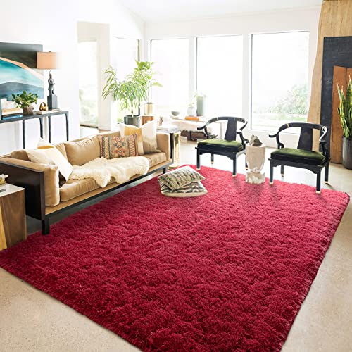 Chicrug Wine Red Fluffy Area Rugs For Living Room Bedroom,4X6 Feet Large Area Rug For Kids, Shag Plush Fuzzy Carpet Modern Furry Rug Nursery Playroom Indoor Non Slip Carpet #TOP30
