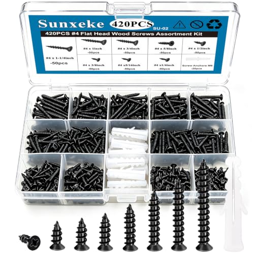 Image of #4 Small Wood Screws Assortment Kit 420PCS, Black Short Phillips Flat Head Self Tapping Cabinet Hinge Screws, Hardened Carbon Steel Tiny Micro Mini Screws with 20Pcs M6 Wall Anchors
