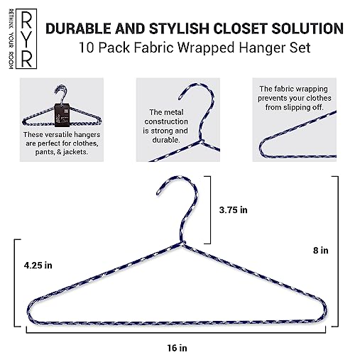 Rethink Your Room 10 Pack Of Fabric Wrapped Metal Hangers - Durable And Stylish Closet Solution - Soft Touch For Your Clothes - Navy/White #TOP2