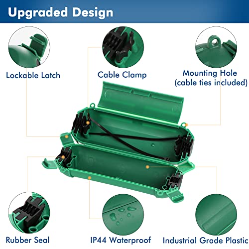 Restmo 2 Pack Mini Ip44 Waterproof Outdoor Connection Box With Lockable Latches And Mounting Holes, Weatherproof Extension Cord Safety Cover For Outdoor Plugs, Lights, Cables, Wires, Size Small, Green #TOP1