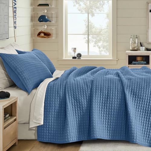 Image of Wonderful 3 Piece Waffle Weave Quilt Set Full Size, Blue Lightweight Bedspread Coverlet for All Season, Ultra Soft Microfiber Bedding Set with 2 Pillow Shams, Waffle Pattern Quilted Design 90 inchx90 inch | Breathable & Cozy