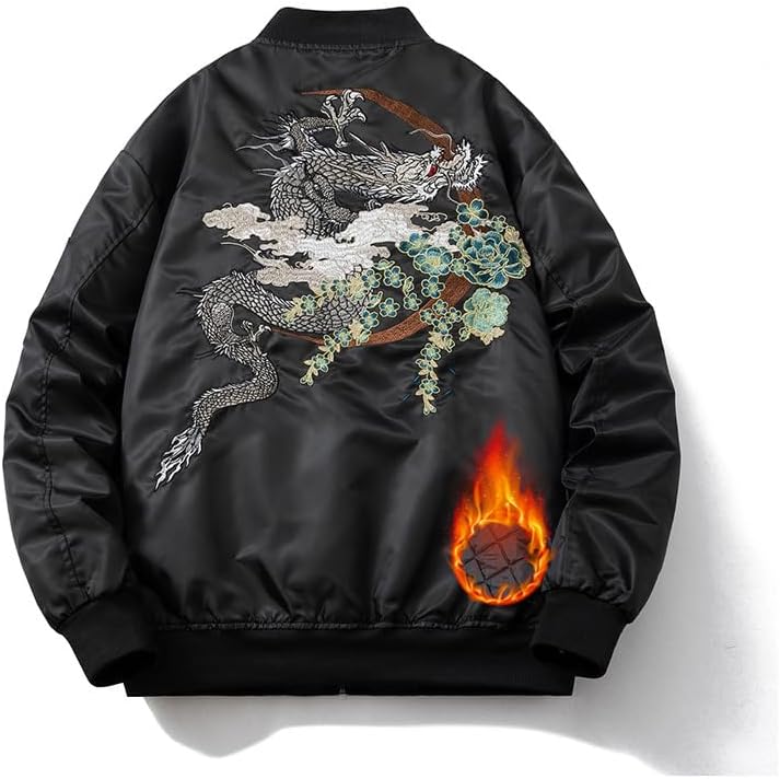 Dragon Embroidery Bomber Jacket Lightweight Streetwear Zip Up Spring Fall Windbreaker Coat for Men Women