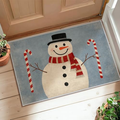Tappeto invernale con pupazzo di neve, cappello di canna di zucchero natalizio bianco con retro antiscivolo tappeto bordatura ingresso bagno lavanderia comodino decorazione 5 x 7 cm