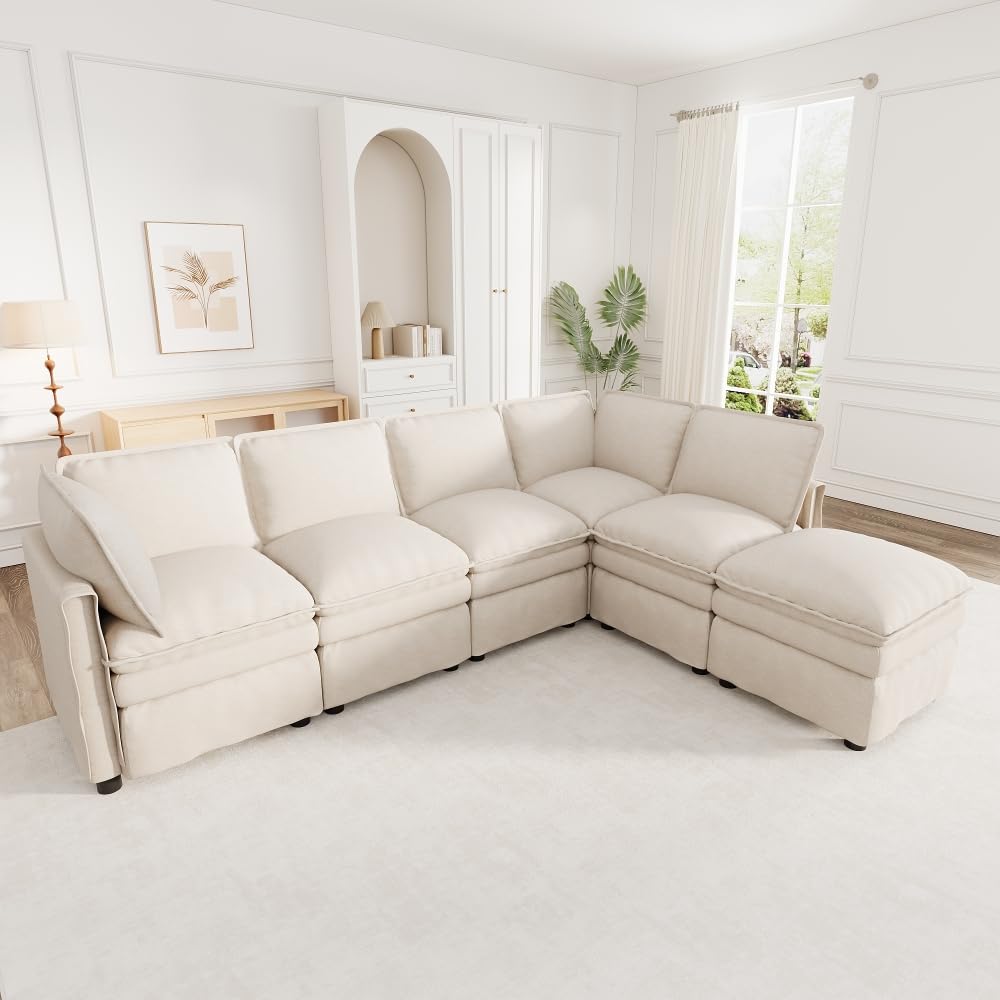 Sofá esquinero convertible, sofá convertible de 4 plazas, sofá cama con función de descanso, se puede combinar libremente en forma, con reposapiés móvil, doble acolchado de asiento,chenilla,(Beige)