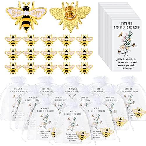 Yinkin 24 Sets Bee Pins Bulk Brooches Party Favors Happy Cute Oil Drop Lapel Pins with Hugged Cards Organza Gift Bags for Women Men Bee Lovers Day Baby Shower Birthday