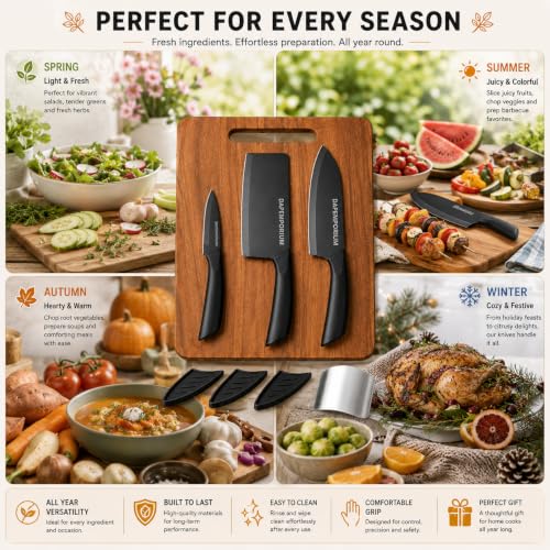 Image of Kitchen Knife Set with Wooden Cutting Board & Finger Guard Set (3+1+1) Stainless Steel Chef, Cleaver & Paring 3-Pcs Knives Set with Safety Covers | Ultra-Sharp Multipurpose Tool Combo
