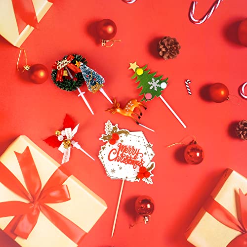 22Pcs Christmas Cake Topper Merry Christmas Cake Decorations Christmas Cupcake Toppers With Craft Christmas Tree Mini Santa Sleigh Reindeer, Snowman Cake Decoration And Xmas Party Miniature Ornaments #TOP3