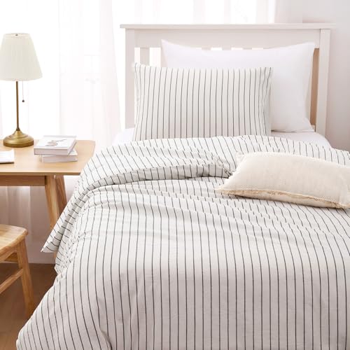 Image of Wake In Cloud - Striped Cotton Duvet Cover Set, Ticking Stripe Vertical Pinstripe Farmhouse, 100% Washed Cotton Textured Bedding Set, 3 Pieces, White, Twin /Twin XL Size