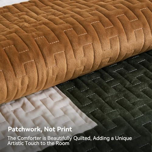 Image of Grassix Velvet Quilt Set Queen Size, Luxury Patchwork Design, Green Caramel | Lightweight Velvet Comforter with 2 Pillow Shams, Soft Bedspread Coverlet, Quilted Bedding Set for All Seasons, 90 inchx96 inch
