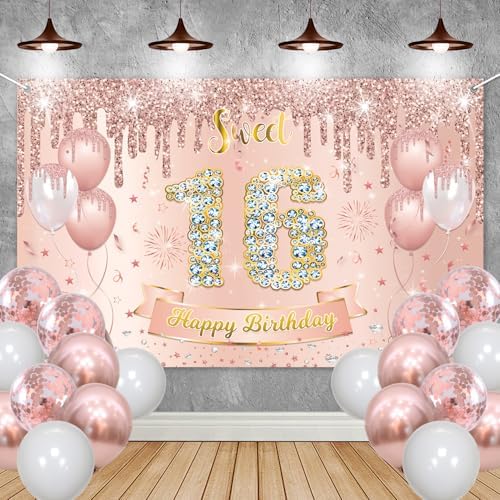Sweet 16 Party Decorations Sweet 16 Banner Sweet 16 Backdrop Kits for Girls Women Rose Gold White Balloons Party Supplies Sweet 16th Birthday Decor