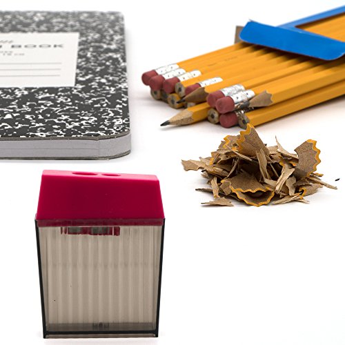 Emraw Dual Hole Manual Pencil Sharpener With Rectangular Receptacle To Catch Shavings For Regular & Oversize Pencils/Crayons - Blue, Green, Pink & Black -Great For School, Home & Office (6 Pack) #TOP3