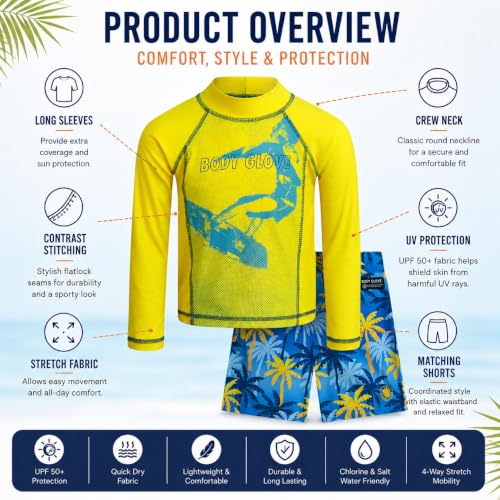 Image of Body Glove Boys Swim Set - 2 Piece Boys Swim Trunks with Rash Guard UV Protection Swimsuit Kids Bathing Suits (Sizes 4-12)
