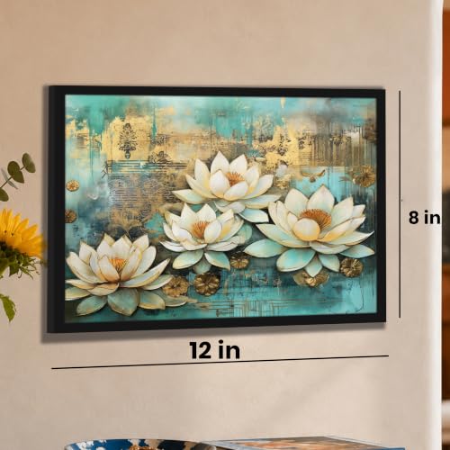 Image of PAINTINGMANTRA White Lotus Flower Framed Wall Art Painting for wall decoration, Lotus floral Poster with frame for living room, bedroom, Home and Office, 10x13 Inch