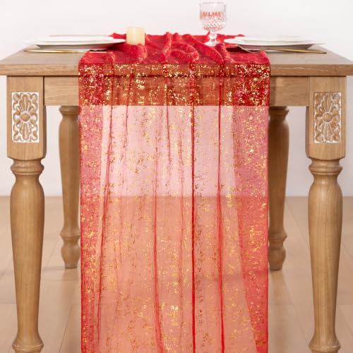 Image of Gold Glitter Table Runner Red Sheer Gauze Foil Table Runner 120 Inch