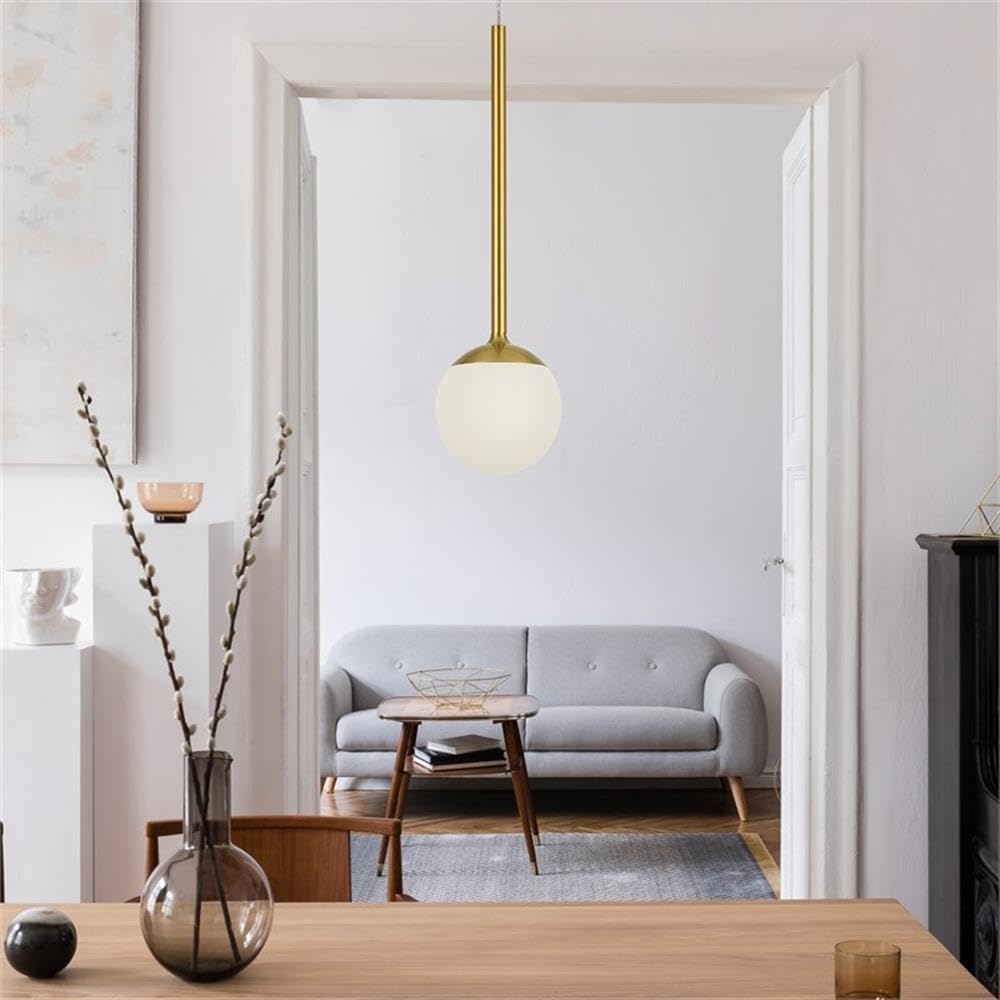 Pemberly Row 5" Height Adjustable LED Pendant Light, Antique Brass Finish, Frosted Acrylic Ball Shade, ETL Certified, Dimmable Soft White, Transitional Style for Dry Location Indoor Ceiling Use